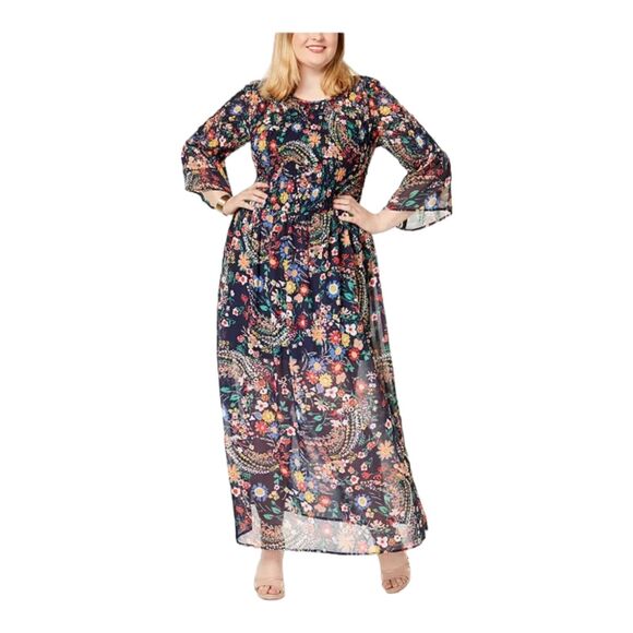 ECI New York Women's Floral Maxi Dress XL – Boho Bell Sleeves, Smocked Top - Picture 2 of 8